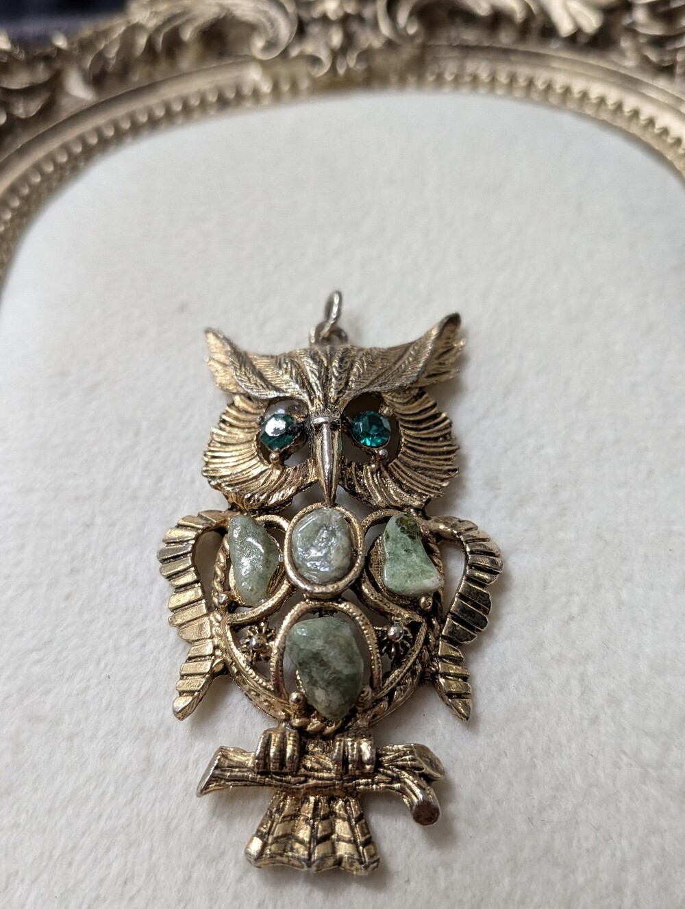 Vintage Gold Tone Owl Pendant with Green Rhinestone Eyes & Aventurine Stones - Picture 2 of 5